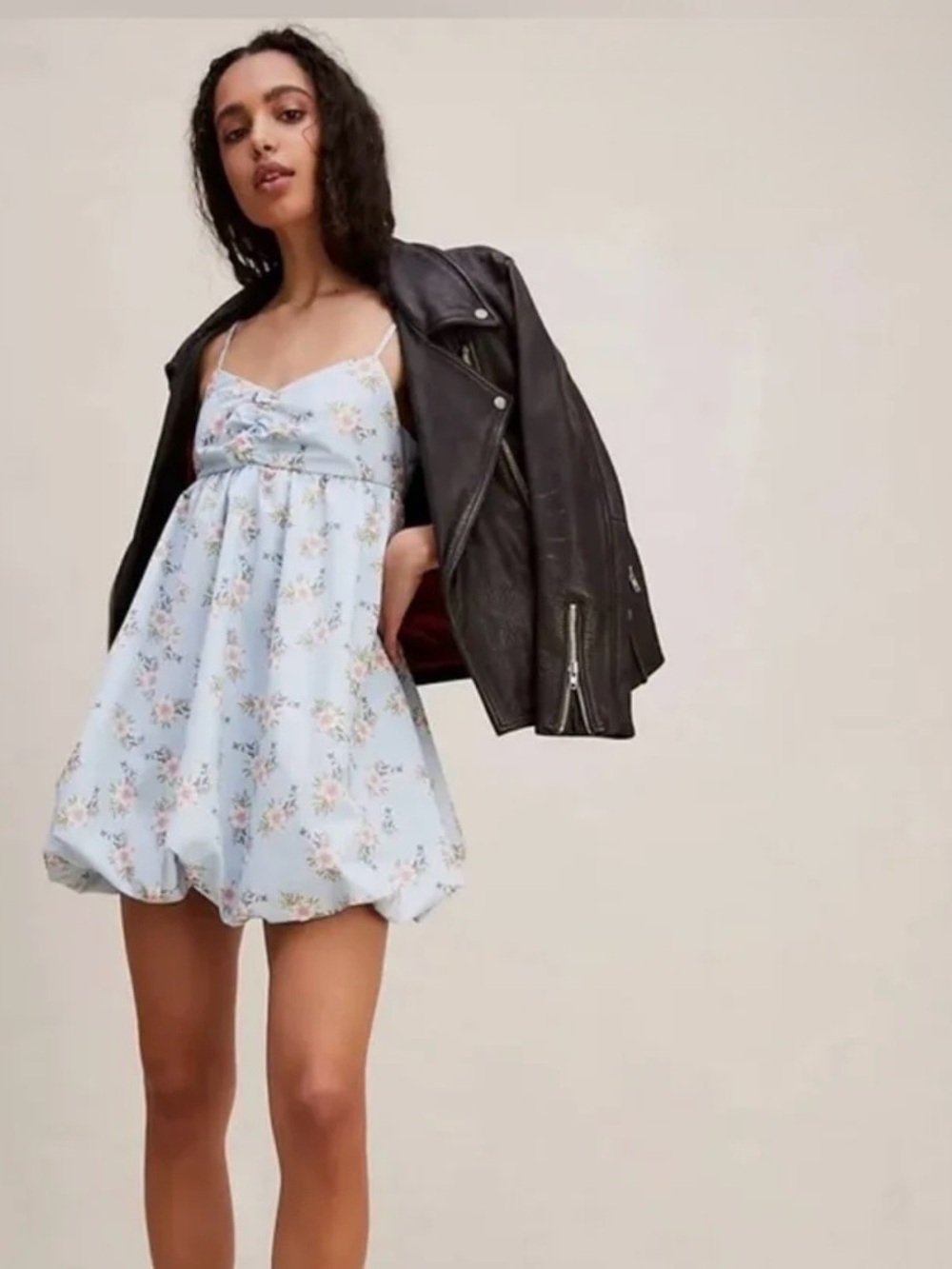 Free People NWT Baby Blue Floral Spaghetti-Strap Mini Dress SZ L